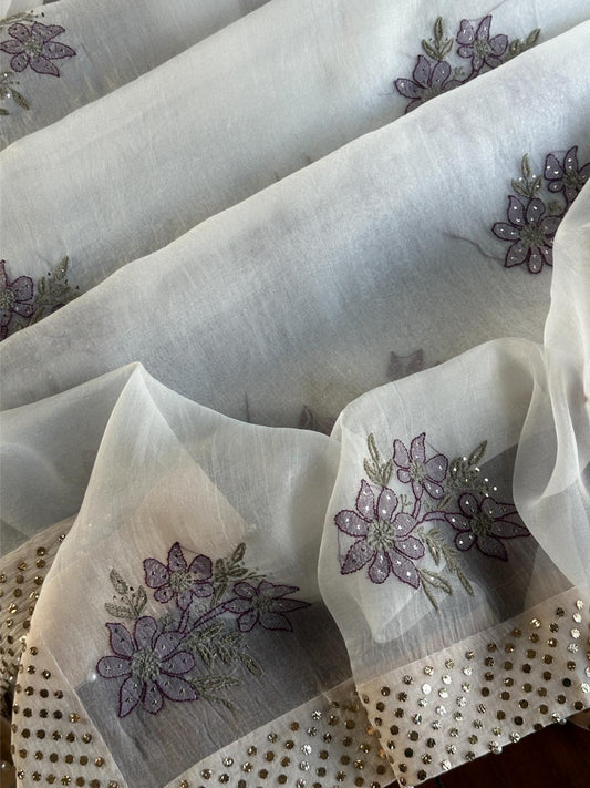 White & Purple Noor Organza Floral Motif Chikankari Dupatta