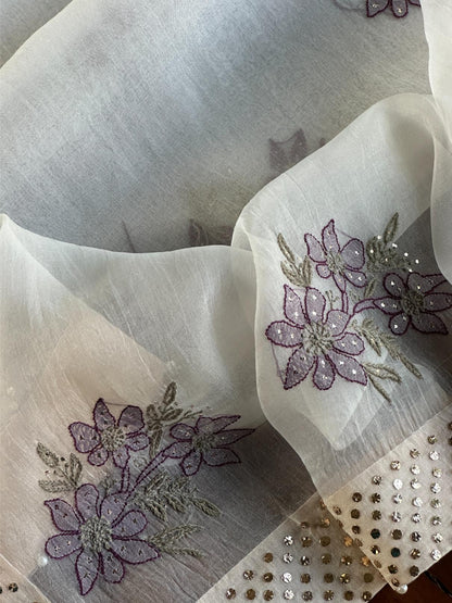 White & Purple Noor Organza Floral Motif Chikankari Dupatta