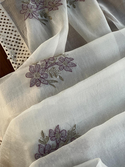White & Purple Noor Organza Floral Motif Chikankari Dupatta