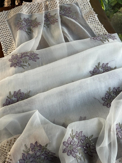 White & Purple Noor Organza Floral Motif Chikankari Dupatta