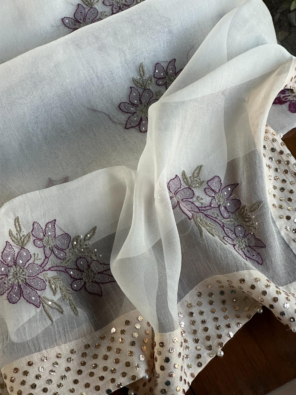 White & Purple Noor Organza Floral Motif Chikankari Dupatta