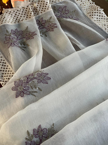 White & Purple Noor Organza Floral Motif Chikankari Dupatta
