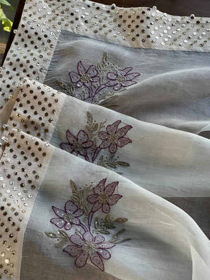 White & Purple Noor Organza Floral Motif Chikankari Dupatta