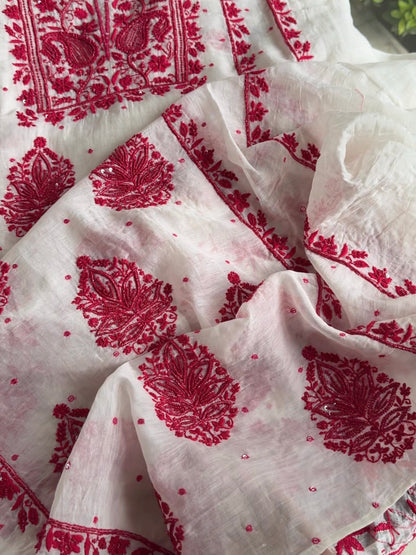 White & Red Mal Chanderi Silk Chikankari With Sequins Unstitched Kurta Dupatta Set