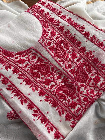White & Red Mal Chanderi Silk Chikankari With Sequins Unstitched Kurta Dupatta Set