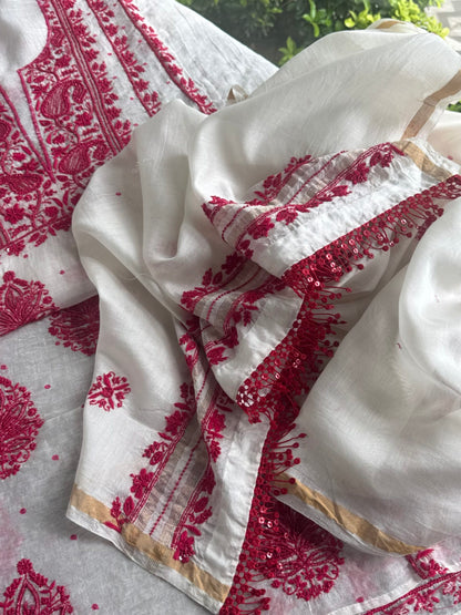 White & Red Mal Chanderi Silk Chikankari With Sequins Unstitched Kurta Dupatta Set