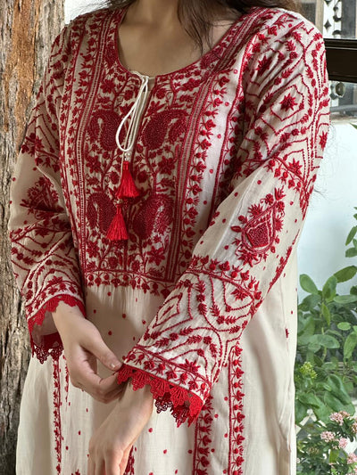 White & Red Malmal Pearl Work Chikankari Kurta With Dupatta