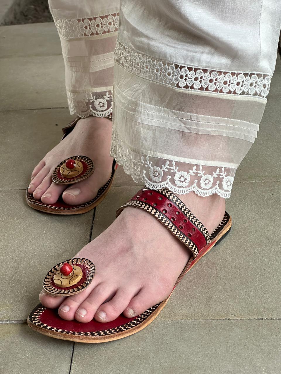 White & Red Malmal Pearl Work Chikankari Kurta With Dupatta