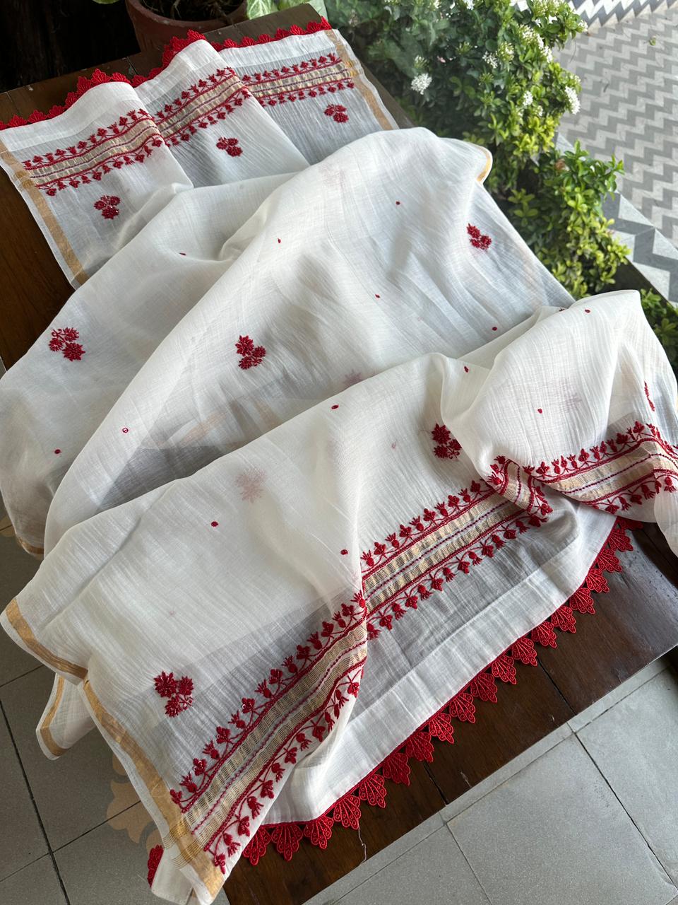 White & Red Malmal Pearl Work Chikankari Kurta With Dupatta