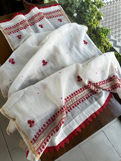 White & Red Malmal Pearl Work Chikankari Kurta With Dupatta