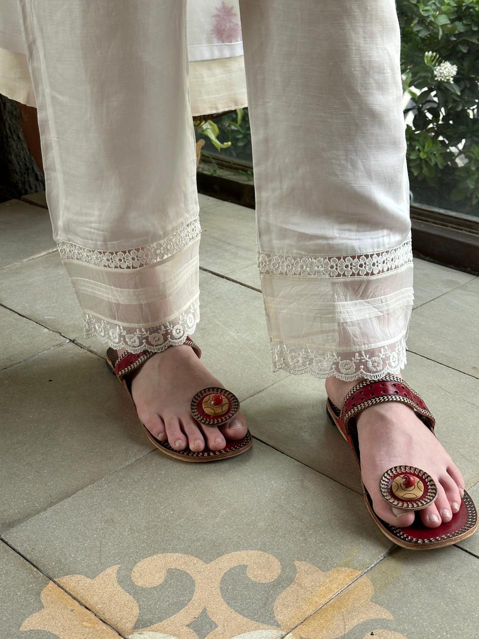 White & Red Malmal Pearl Work Chikankari Kurta With Dupatta