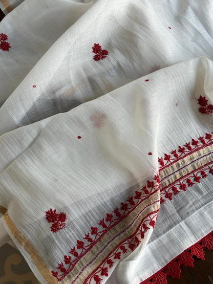 White & Red Malmal Pearl Work Chikankari Kurta With Dupatta