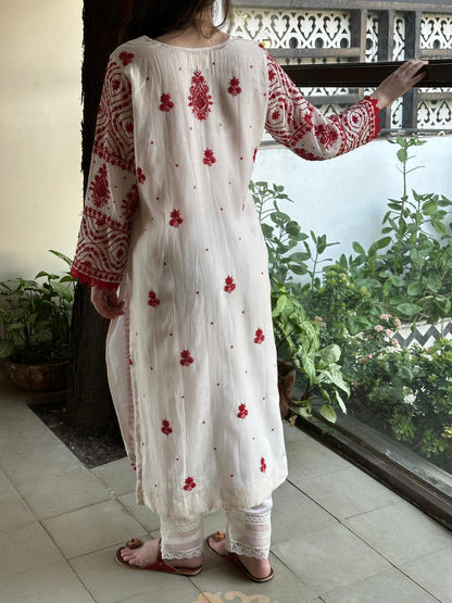 White & Red Malmal Pearl Work Chikankari Kurta With Dupatta