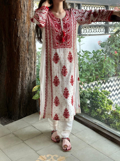 White & Red Malmal Pearl Work Chikankari Kurta With Dupatta