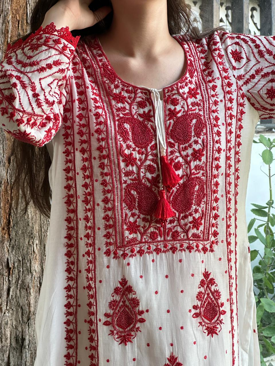 White & Red Malmal Pearl Work Chikankari Kurta With Dupatta