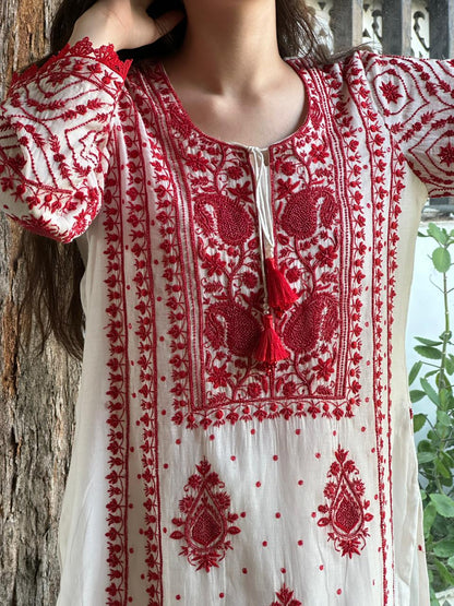 White & Red Malmal Pearl Work Chikankari Kurta With Dupatta