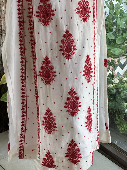 White & Red Malmal Pearl Work Chikankari Kurta With Dupatta