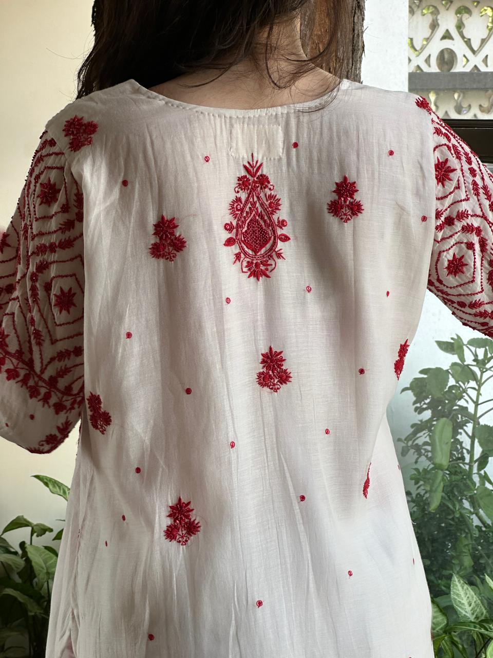 White & Red Malmal Pearl Work Chikankari Kurta With Dupatta