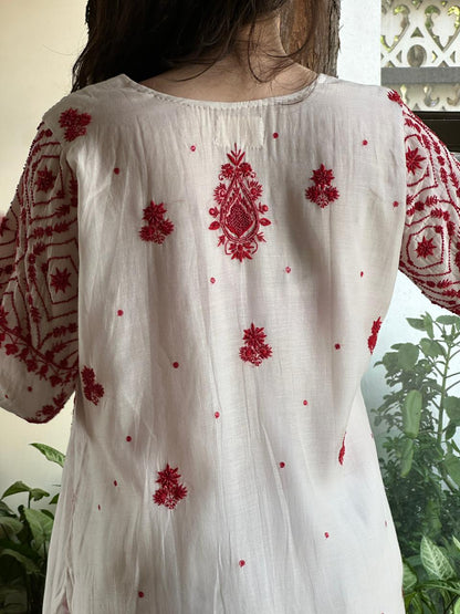 White & Red Malmal Pearl Work Chikankari Kurta With Dupatta