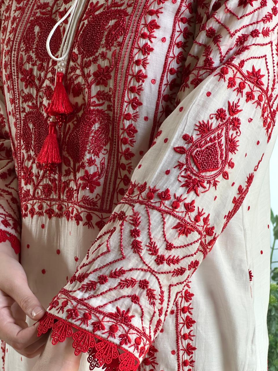 White & Red Malmal Pearl Work Chikankari Kurta With Dupatta