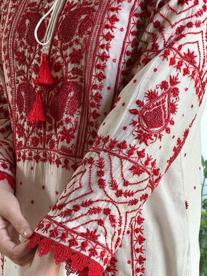 White & Red Malmal Pearl Work Chikankari Kurta With Dupatta