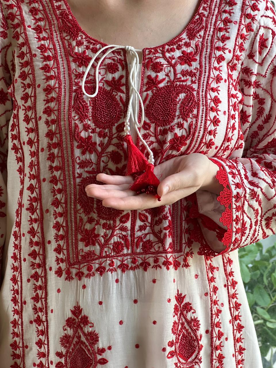 White & Red Malmal Pearl Work Chikankari Kurta With Dupatta