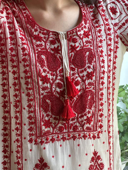 White & Red Malmal Pearl Work Chikankari Kurta With Dupatta