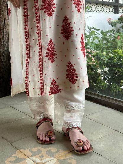 White & Red Malmal Pearl Work Chikankari Kurta With Dupatta