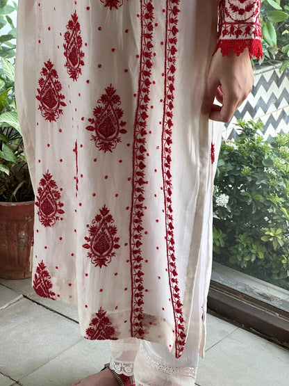 White & Red Malmal Pearl Work Chikankari Kurta With Dupatta