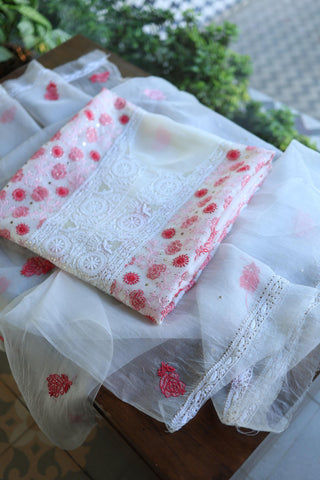 White & Red Noor Organza Silk Chikankari With Kamdani Fabric