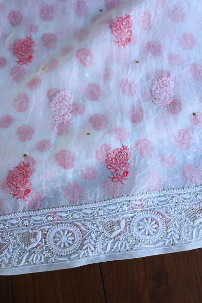 White & Red Noor Organza Silk Chikankari With Kamdani Fabric