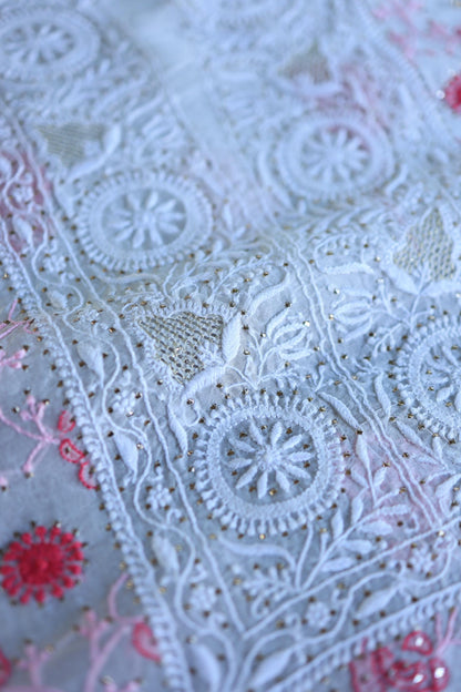 White & Red Noor Organza Silk Chikankari With Kamdani Fabric