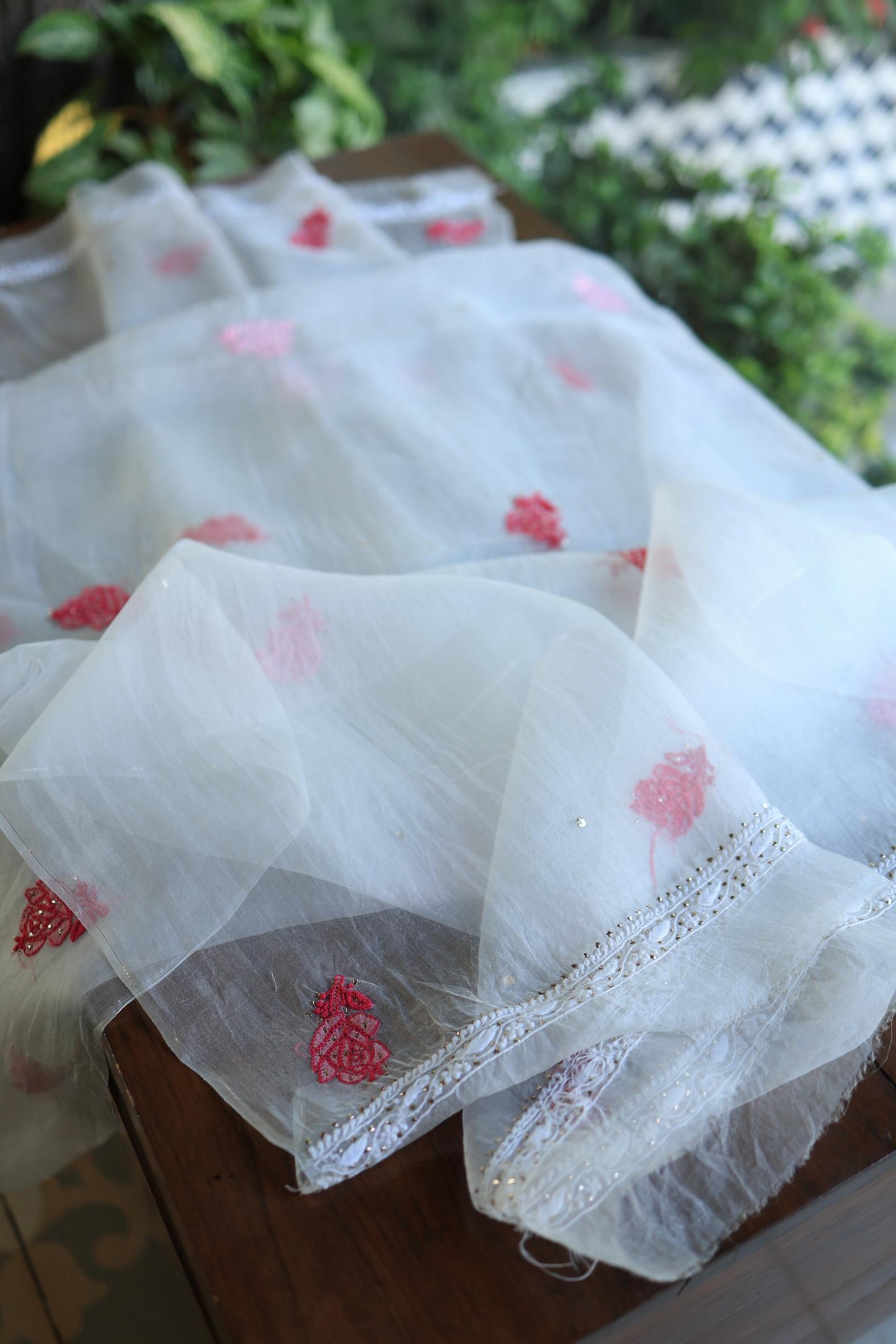 White & Red Noor Organza Silk Chikankari With Kamdani Fabric