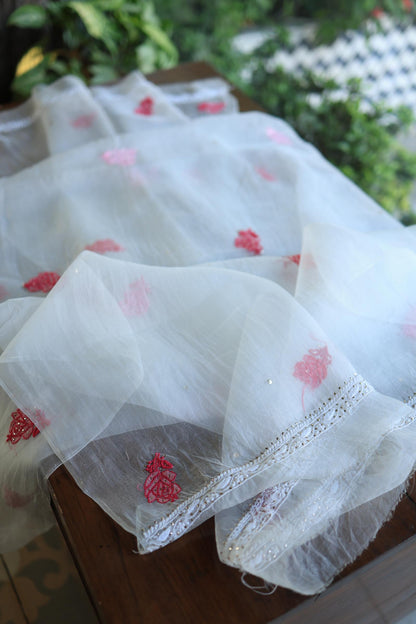 White & Red Noor Organza Silk Chikankari With Kamdani Fabric