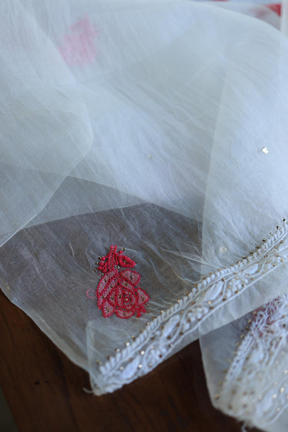 White & Red Noor Organza Silk Chikankari With Kamdani Fabric
