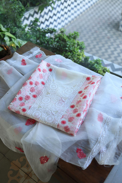 White & Red Noor Organza Silk Chikankari With Kamdani Fabric