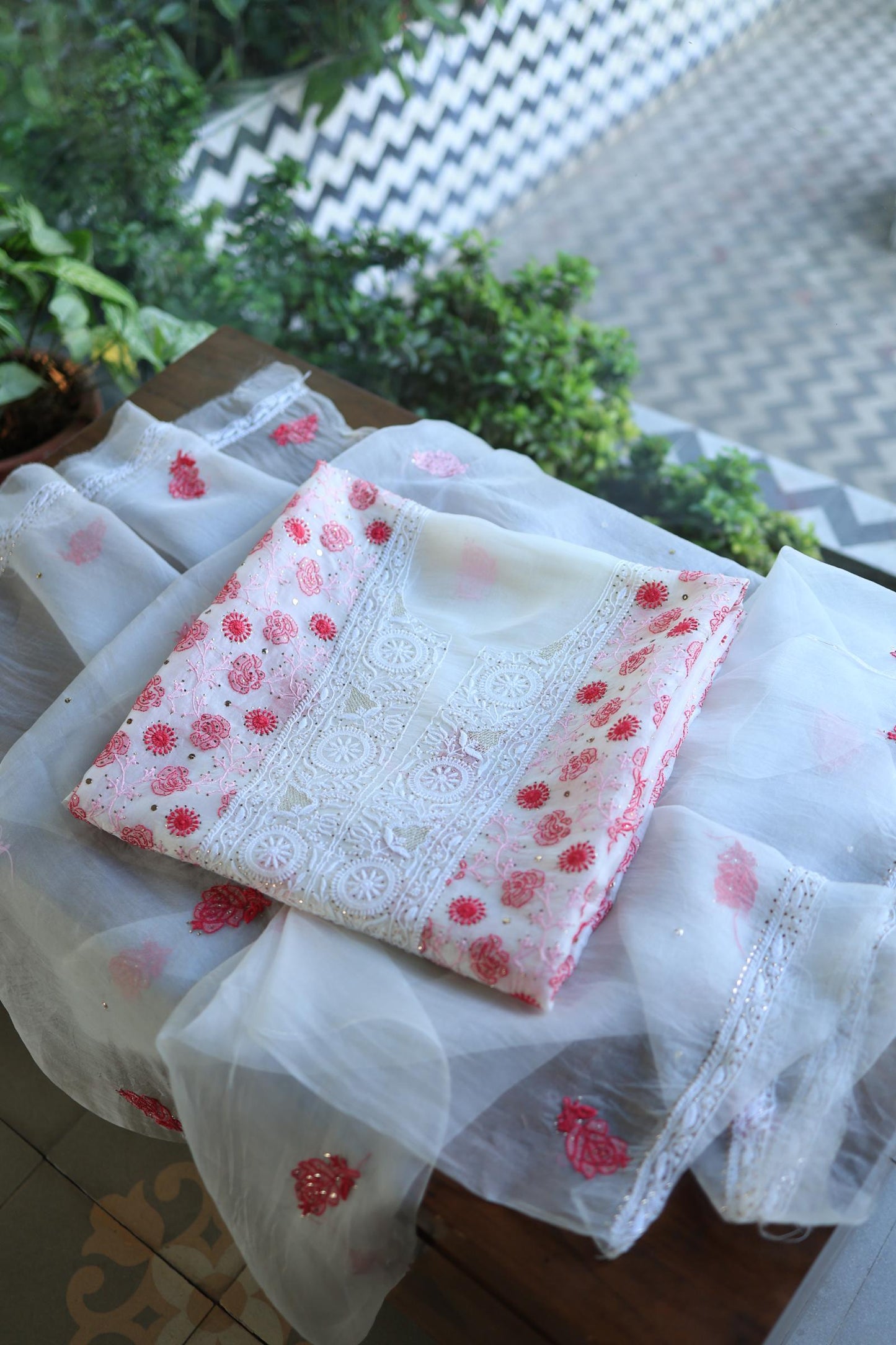 White & Red Noor Organza Silk Chikankari With Kamdani Fabric