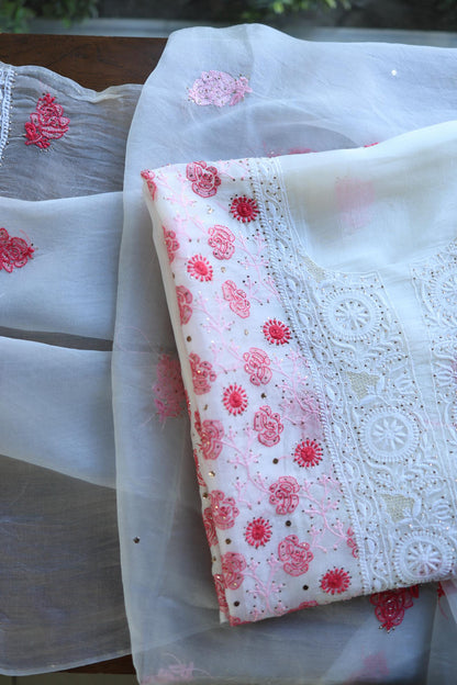 White & Red Noor Organza Silk Chikankari With Kamdani Fabric