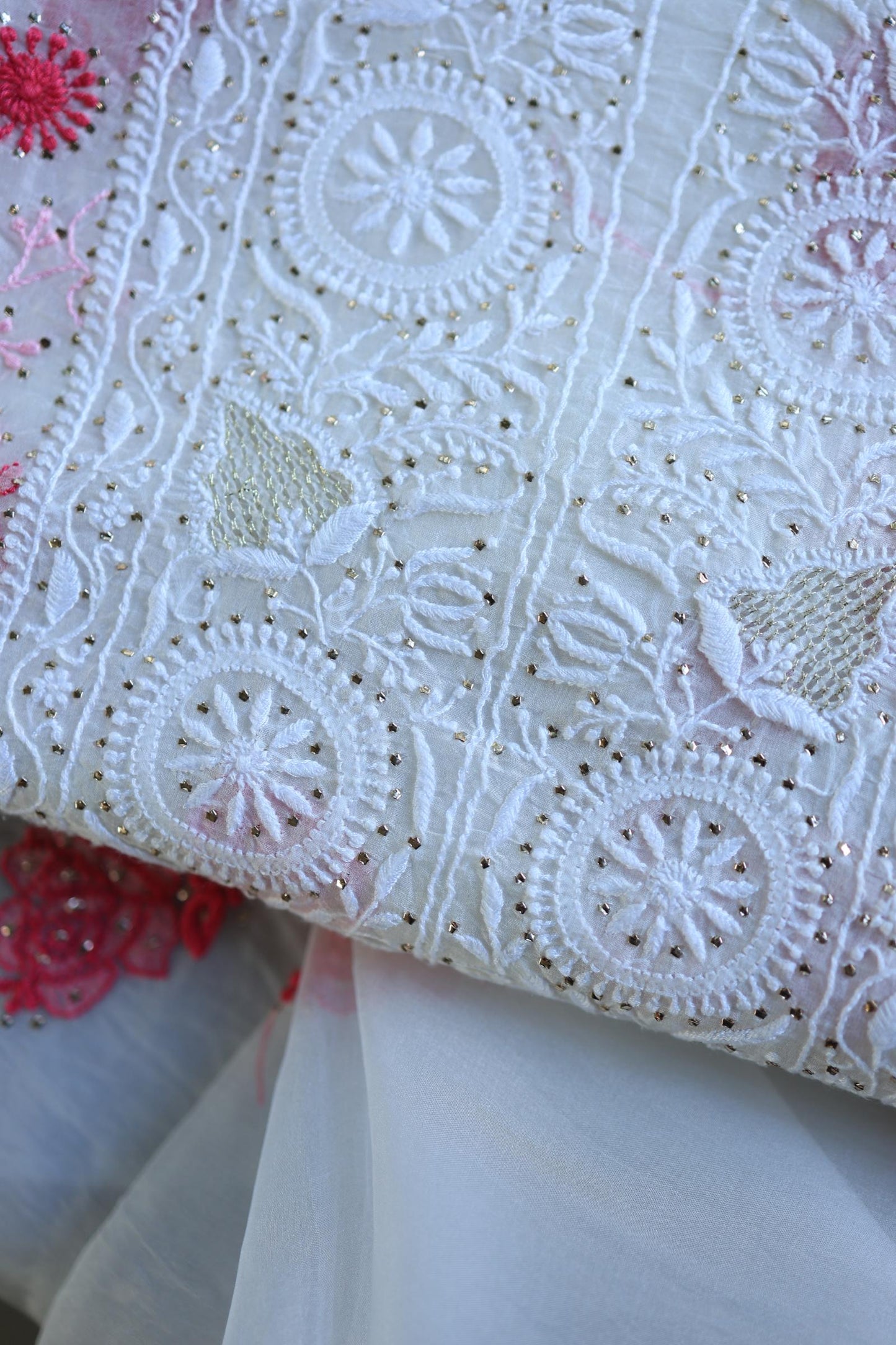 White & Red Noor Organza Silk Chikankari With Kamdani Fabric