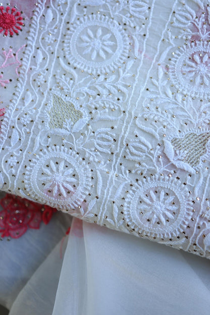 White & Red Noor Organza Silk Chikankari With Kamdani Fabric