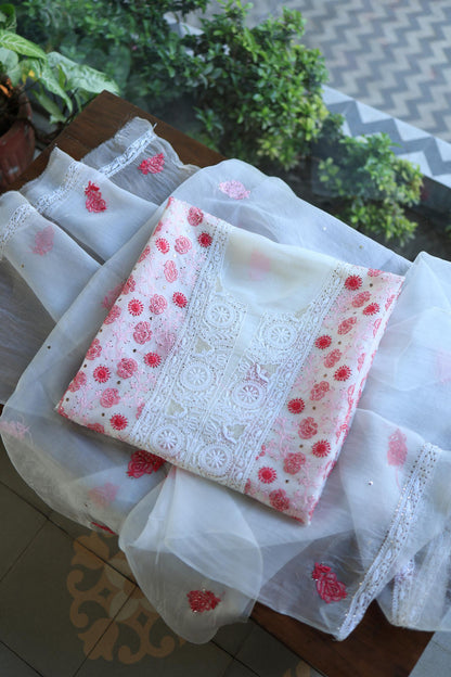 White & Red Noor Organza Silk Chikankari With Kamdani Fabric