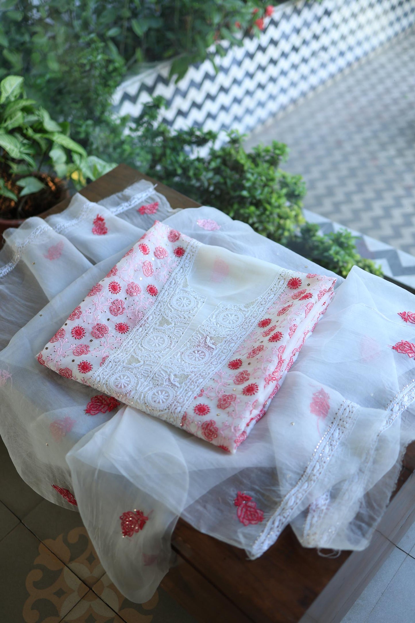 White & Red Noor Organza Silk Chikankari With Kamdani Fabric