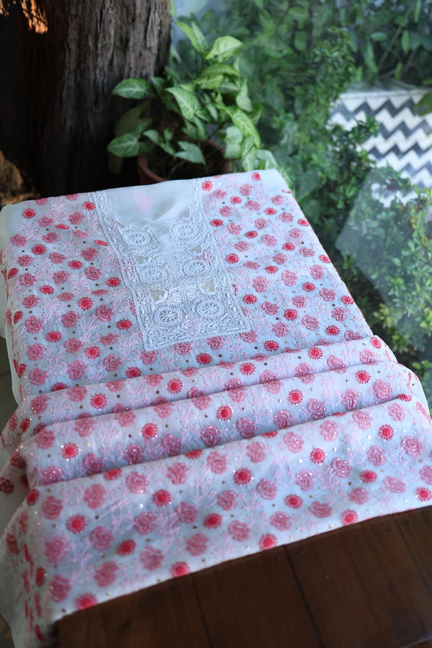 White & Red Noor Organza Silk Chikankari With Kamdani Fabric