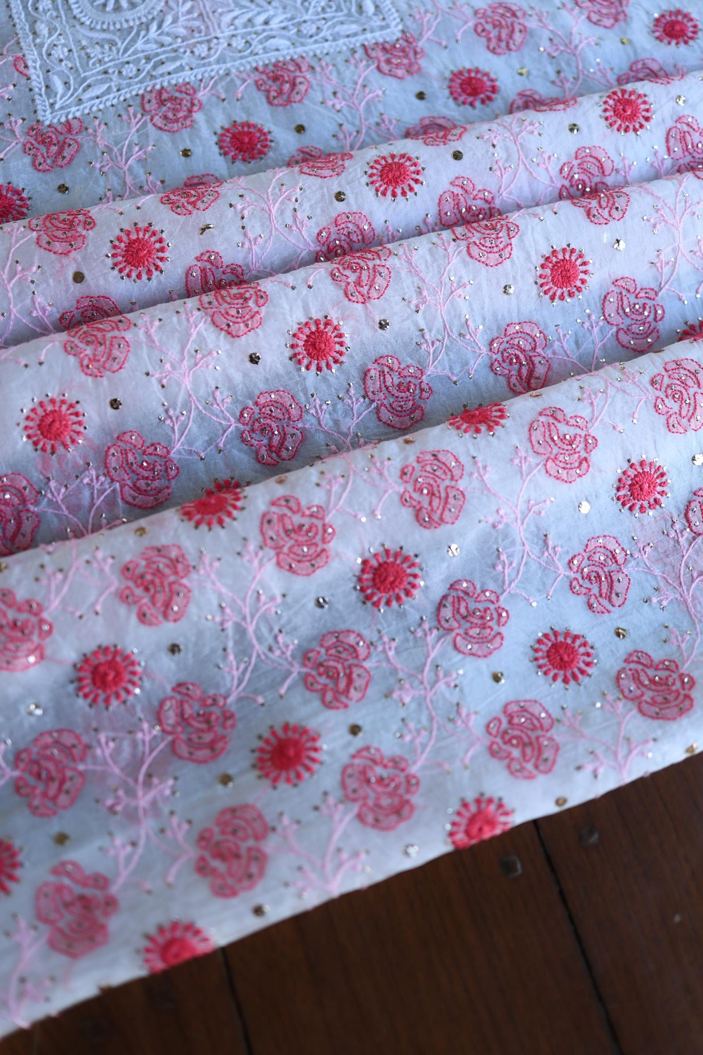 White & Red Noor Organza Silk Chikankari With Kamdani Fabric