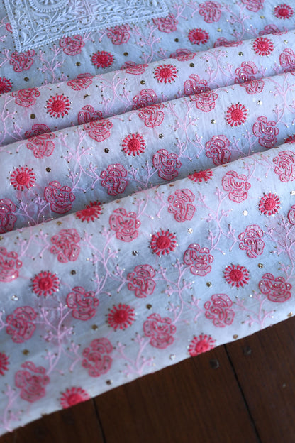 White & Red Noor Organza Silk Chikankari With Kamdani Fabric