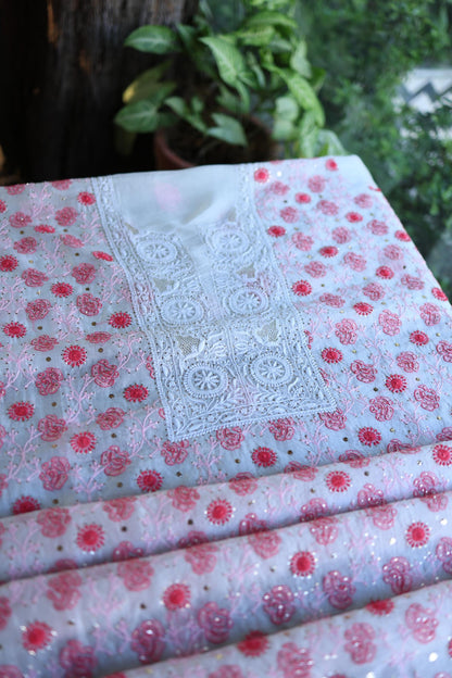 White & Red Noor Organza Silk Chikankari With Kamdani Fabric