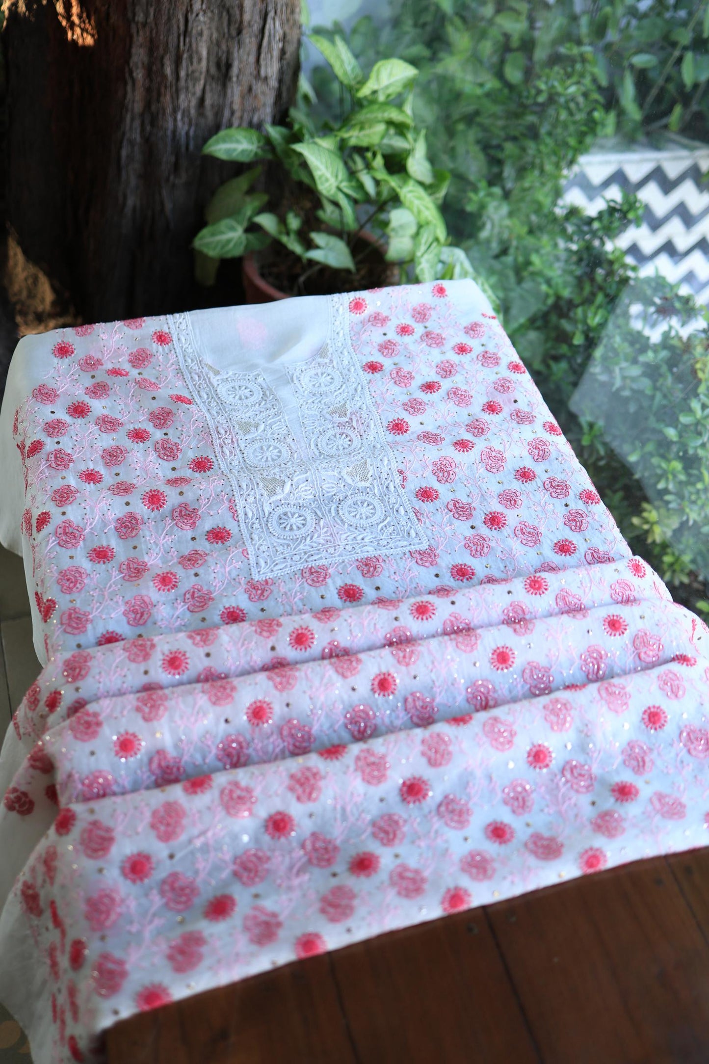 White & Red Noor Organza Silk Chikankari With Kamdani Fabric
