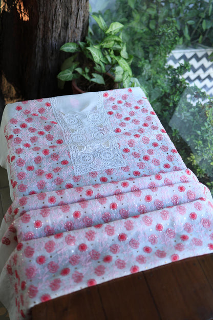 White & Red Noor Organza Silk Chikankari With Kamdani Fabric