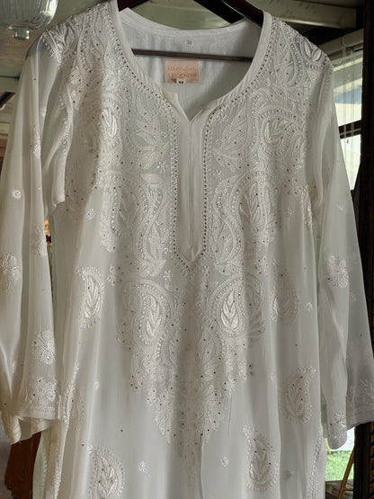 White Viscose Georgette Chikankari Mukaish Kamdani Straight Kurta
