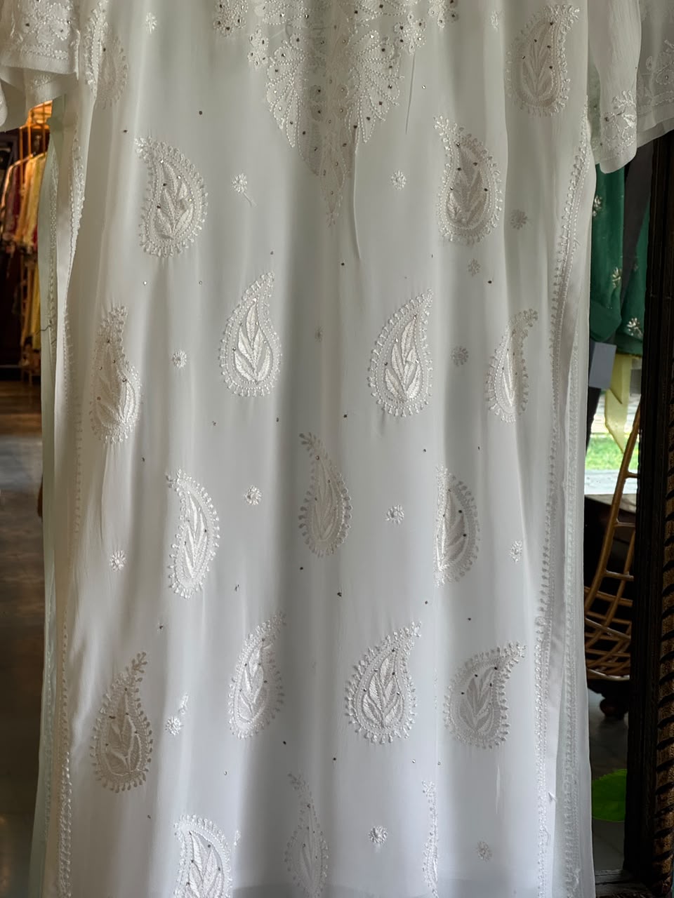 White Viscose Georgette Chikankari Mukaish Kamdani Straight Kurta
